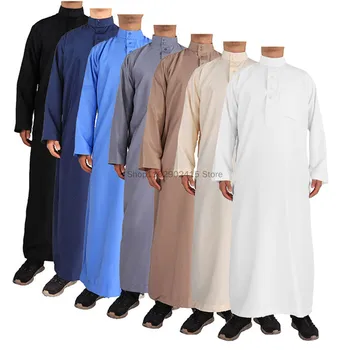 2023 Мюсюлманска Мода Мюсюлмански Близък Изток Мъжки Арабски Кафтан с Дълъг ръкав и Кръгло деколте, Ислямски Монофонични Кафтан, Костюм за Макси Дубай Лонг Джуба