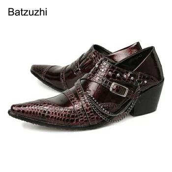 Batzuzhi/Мъжки обувки на висок ток 6,5 см; Кожени модела обувки Японски тип; Мъжки Вино-червено Бизнес/Вечер/Сватбени обувки с Кианами