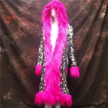 Дълго палто с качулка от кожа с пайети, Розово палто с пайети, дрехи за изпълнения на сцената, костюм травестит