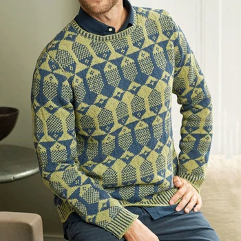 Мъжката Есенно-Зимния Топло Сгъсти Вязаный Жаккардовый Пуловер с геометричен дизайн и дълъг ръкав, пуловер с кръгло деколте, Монтиране мъжки Пуловер