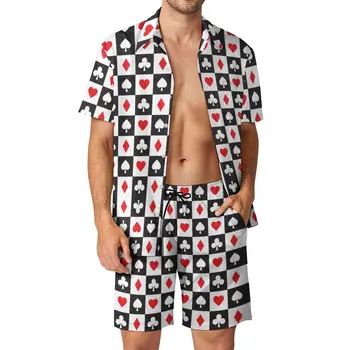 Мъжки комплекти карти за игра във формата на сърце, ежедневни риза за покер, Хавайски Плажни шорти, Летен дизайнерски костюм, Дрехи от 2 теми, по-Големи размери