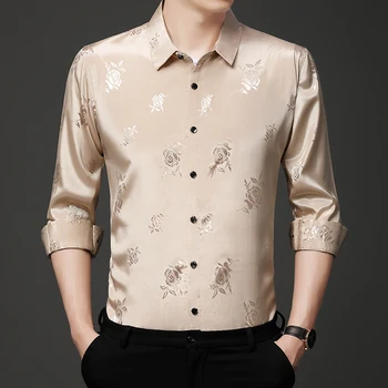 Мъжки ризи с цветен модел, Жакард луксозни Ризи с дълъг ръкав, Ежедневни Годишна Висококачествена Гладка Удобна Копринена Домашна риза, лесна за оформяне