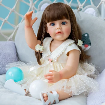 Санди 55 см, силиконова кукла-Реборн за деца по цялото тяло, ръчно рисувани Сю-Сю, кафяв дълга перука с коса за детски коледен подарък