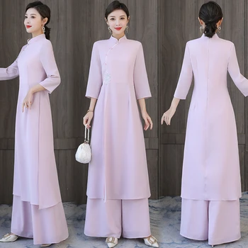 2023 китайското традиционното чаено изкуство hanfu комплект от рокли, дамско елегантно страхотна шифоновое рокля ципао комплект виетнамски класически стил рокля aodai