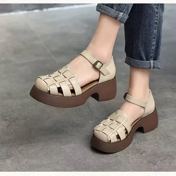 2023 нови Летни сандали, Дамски кожени римски сандали Baotou, Ежедневни дамски плажни обувки в стил ретро с куха кърпа на дебела подметка за жени