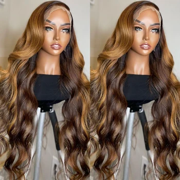 30-32-инчов Съраунд вълнообразни перука 13x6 HD от естествена коса на дантели, Перуки Реми Ombre, Цветна вълна на вода Т-образен перука на дантели за жени