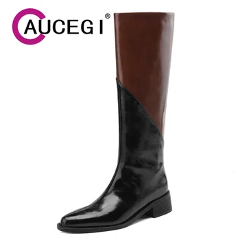 Aucegi/ Дамски ботуши до коляното от качествена кожа в различни цветове, Есен-зима, нови обувки, без закопчалка за дебелите обувки с остри пръсти, Големи размери 34-42