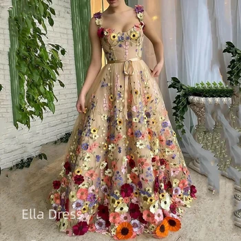 Ella Нежна бална рокля с 3D цветя, вечерна рокля трапецовидна форма с цветна каишка и джоб, официална вечерна рокля 2023