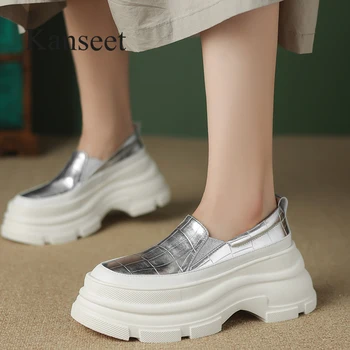 Kanseet/ Лоферы платформа; Висококачествени Дамски Обувки Есен Сребрист Цвят С кръгла пръсти От естествена кожа в масивна Ток; Ежедневни Дамски Обувки