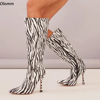 Olomm/ Дамски зимни ботуши до коляното с страничния цип на висок ток с Квадратни пръсти, красиви Вечерни обувки от Крокодилска кожа в стил Зебра, Женски-Големи размери САЩ 6-10,5