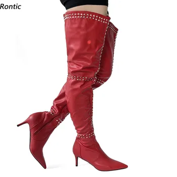 Rontic/ Дамски зимни ботфорты над коляното От изкуствена кожа със страничен цип, Чубрица Обувки на тънък ток, с остри пръсти, червено-розови Обувки за нощен клуб, Размерът на САЩ 5-15