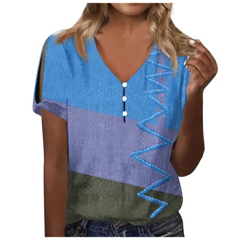 Women ' S T-Shirt Summer Tops V Neck Print T Тениски Short Sleeve Shirt Casual Side Split Tunic Top тениска жена на майк дамски