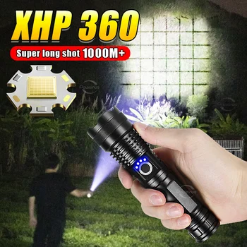 XHP360 Long Shot, ултра-мощен led акумулаторна фенерче, Мощен USB Type-c, акумулаторна лампа, ръчна лампа за къмпинг 18650