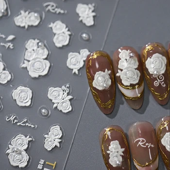 Бял Розов седеф, 3D Самозалепващи етикети за Дизайн на ноктите, Прозрачни Стикери за Маникюр с Пеперуда, Цветна Лък, Снежинкой на Едро