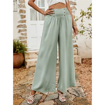 Дамски Ежедневни широки панталони, плиссированный дизайн на копчета, на Новост на Пролетта, дамски модерен панталон с висока талия