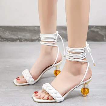 Дамски модни сандали-гладиатори с тясна ивица и преминаването ток-карфица, сандали на висок ток, сандали на висок ток