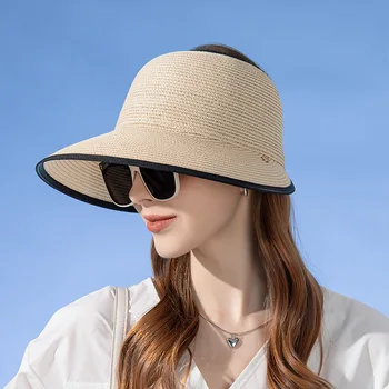 Дамски шапка лятна с широка периферия, въздушни шапки от слънце, UV-защита, горната празна шапка, сламена шапка, регулируем дамски сгъваема плажна шапка 모자 шапка