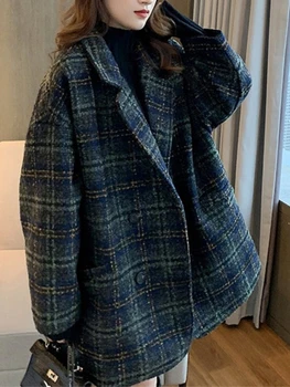 Дамско яке, Зимно палто, вълнена в корейски стил, Реколта свободни палто с решетка, Двубортный туид яке с отложным яка