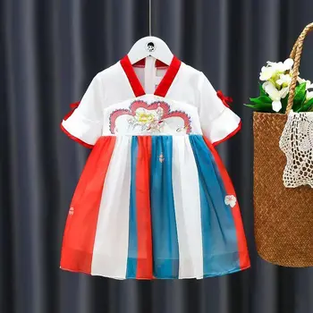 Детски дрехи за момичета от 0 до 7 години, Лятна Бебешка рокля Hanfu с къс ръкав, Ново рокля с бродерия в китайски стил