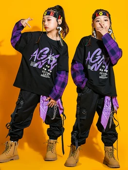 Детски костюм за улични танци в стил хип-хоп, нови дрехи за момичета в стил хип-хоп, Свободен пуловер, Черни панталони-карго за момчета