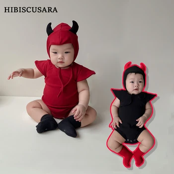 Детски костюм за Хелоуин, Първият гащеризон Малък демон на Хелоуин с шапка, едно парче гащеризон Дявола за момчета и момичета, червен, черен