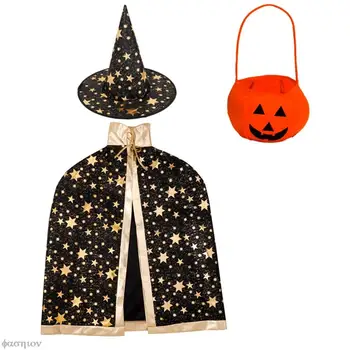 Детски костюм на вещица, дъждобран магьосник на Хелоуин, наметало с заострена шапка, комплект с чанта във формата на тиква, Кралят костюм на Магьосник за cosplay, на Парти за Хелоуин