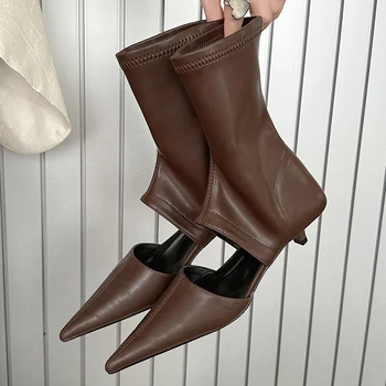 Дизайнерски дамски Стрейчевая Къса обувки, Модни Дамски обувки, без закопчалка С остри пръсти, Модерни Ботильоны на ниски токчета за жени 2023