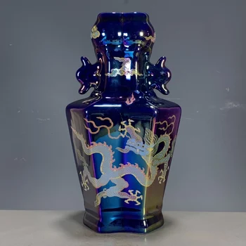 Една антична колекция на древен китай Цин Qianlong year system светещи в тъмното порцеланов дракон с двойно ухо декоративна ваза orna