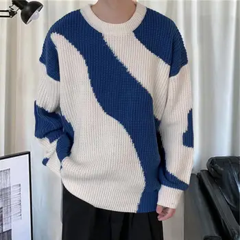 Есенно-зимния вязаный пуловер с кръгло деколте за мъже, пуловер в стил мозайка от волска кожа, Мъжки Свободен ден за ден пуловер Harajuku 2023, Нов мъжки пуловер Оверсайз