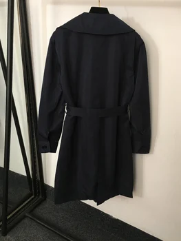 Есенно-зимно Дамско Черно Дълго палто с бродирани шарките на яката на ризата, четири джоба с колан, Оборудване, Англия