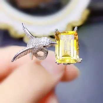 Естествен истински жълт цитрин пръстен Птица луксозен стил Безплатна доставка 10*14 мм, 7.5 карати скъпоценен камък 925 сребро Изискани бижута J23933