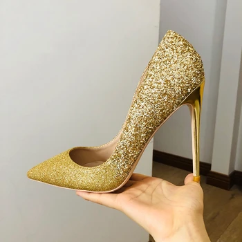 Женските Сватбени обувки на висок ток с остър пръсти и златни пайети, Великолепни женски обувки-лодка на висок ток 8 см, 10 см, 12 см