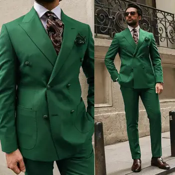Зелен мъжки костюм с ревери, двубортный бизнес фрак за булката, костюм от 2 теми (яке + панталон)