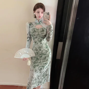 Зелената Жена Тънък Чонсам В Китайски Стил, Модерно Ретро Елегантна рокля Ципао с принтом, Реколта Рокли за Дами, Вечерни рокли за Партита