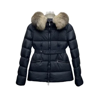Зимно дамско яке с качулка от лисьего кожа, подвижни тънък колан за паркове, аксесоар, однотонная ежедневни яке, водене жив топлина, светлина