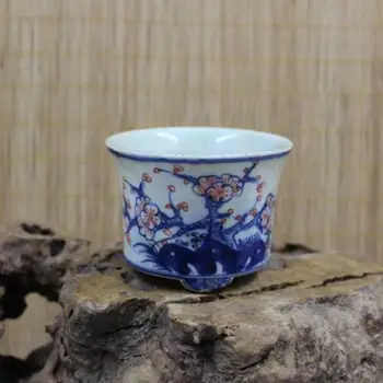 Китайски Цин Цзяцин, синьо-бял Порцелан саксия с червени цветя, 3,62 инча