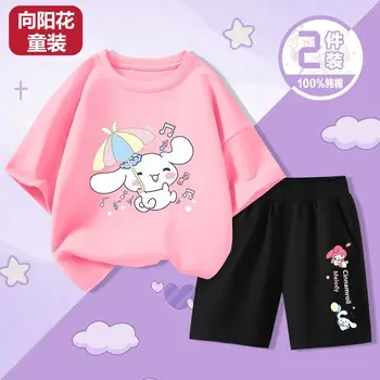 Летни комплекти детски дрехи Kawaii Sanrieod, аниме Kuromi Cinnamoroll, Дрехи за момчета и момичета, Памучни ризи, Панталони, костюм от 2 теми