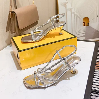 Летни модни сандали-гладиатори с кристали, сребристи сандали на висок ток с каишка на щиколотке, дантела, дамски официални високи (5 см-8 см.)