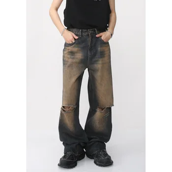 Летни Мъжки Дънки с метални копчета 2023, Модерни ежедневни панталони, Свободни Нови улични панталони син цвят, ретро стил, Панталони S-XL