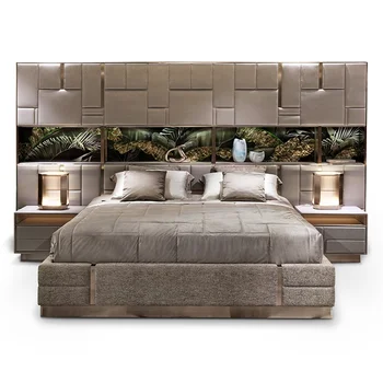 Луксозен италиански спален комплект Двойно кожено легло кралски размер, Дизайнерски мебели за спалня, луксозно легло с високо таблата