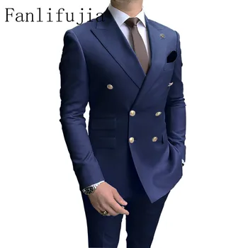 Магазин Fanlifujia Тъмно сини Мъжки Вечерни Смокинги, 2 броя, най-новите мъжки костюми с Отворотами, Златни Копчета, Модни костюми в стил Двубортный