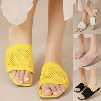 Модерен пролетно летни дамски чехли с равна подметка, Леки, с отворени пръсти, мрежести, дишащи и удобни, Обикновен