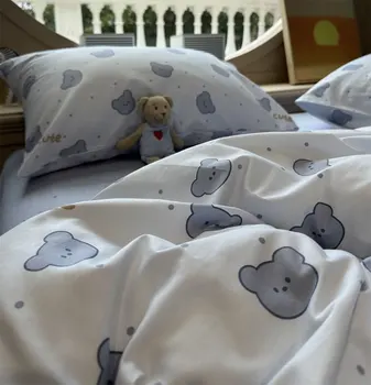 Модерен сладък комплект спално бельо с анимационни мечка дете тийнейджър, близнак пълна кралица прекрасен памук домашен текстил чаршаф калъфка пухени