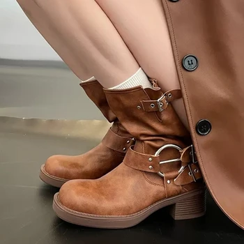 Модни обувки до средата на прасците, в британския стил ретро стил с кръгла пръсти на дебел ток и платформа, Зимни нови обувки размер на плюс в западен стил