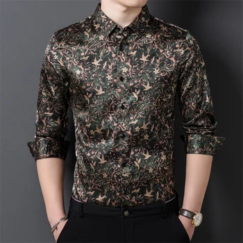 Мъжка риза от естествена коприна в китайски стил с дълъг ръкав и 3D принтом, Лесна За Оформяне, Пролетта качество, гладка и копринена, Луксозна Ежедневната мъжка риза