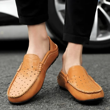 Мъжки дишащ случайни калъф за краката е от естествена кожа Голям размер, обувки за шофиране, Обувки на точки на един крак, Кожена ръчно изработени обувки с мека подметка
