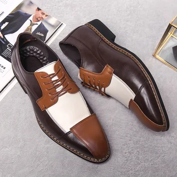 Мъжки модни обувки в стил Дерби за сватбени партита, мъжки Ежедневни бизнес обувки в стил мозайка в британския стил дантела, мъжки модел офис Oxfords върху плоска подметка