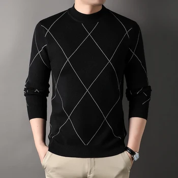 Мъжки монофонични вязаный пуловер, средна дебелина, с ромбовидным жаккардом, удобен и всекидневни