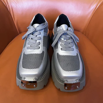 Мъжки обувки на плоска подметка на дебела подметка, модни сребристи маратонки на платформа, Дишащи обувки за партита P25D50