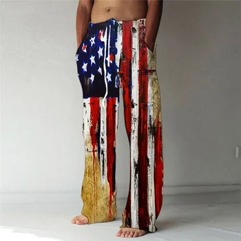 Мъжки прави панталони с 3D принтом на Националното знаме на САЩ, Еластичен дизайн на съвсем малък, Панталони с преден джоб, Плажни ежедневни панталони